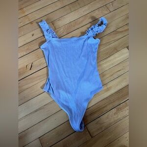 Aritzia Sunday Best‎ lilac purple ribbed ruffled thong bodysuit